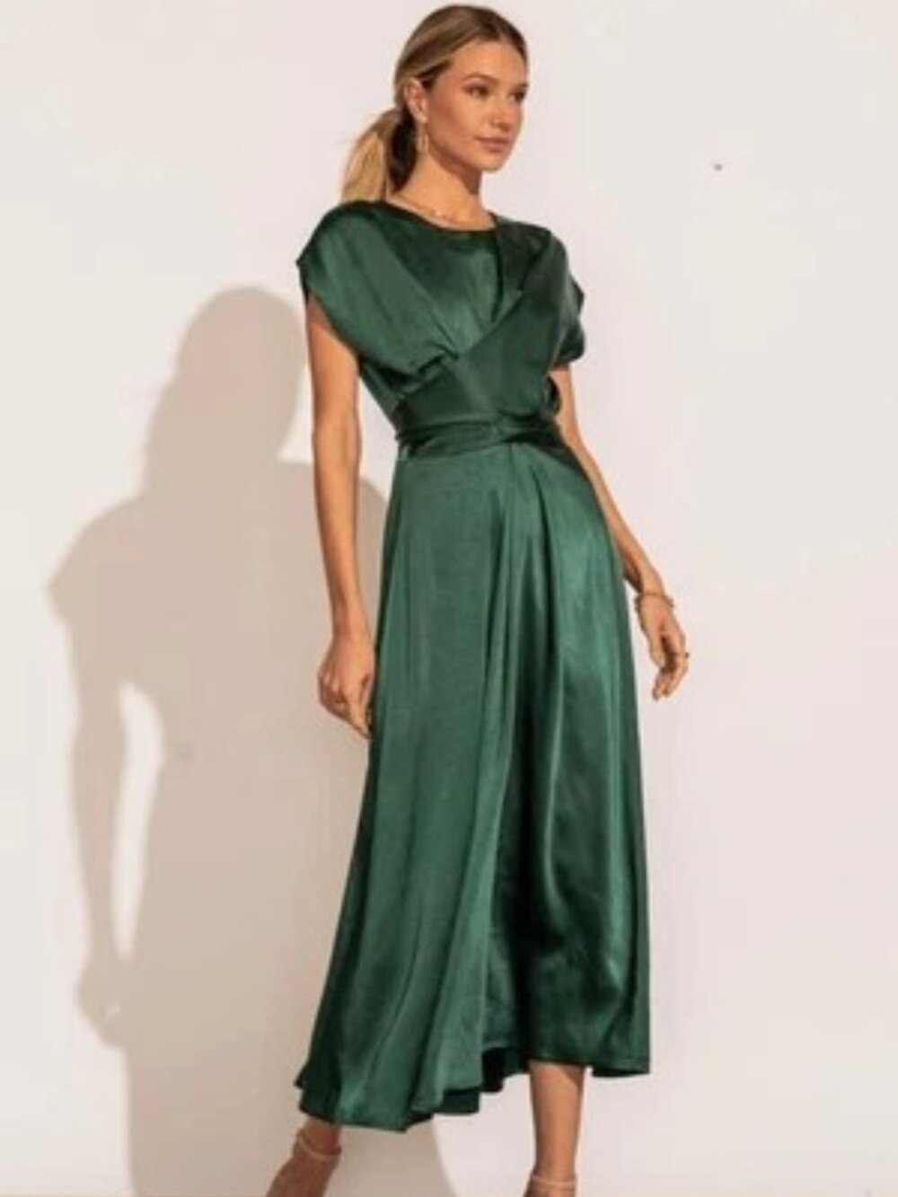 Rosalind Midi Dress in Emerald Green, silk, tie dress - Large